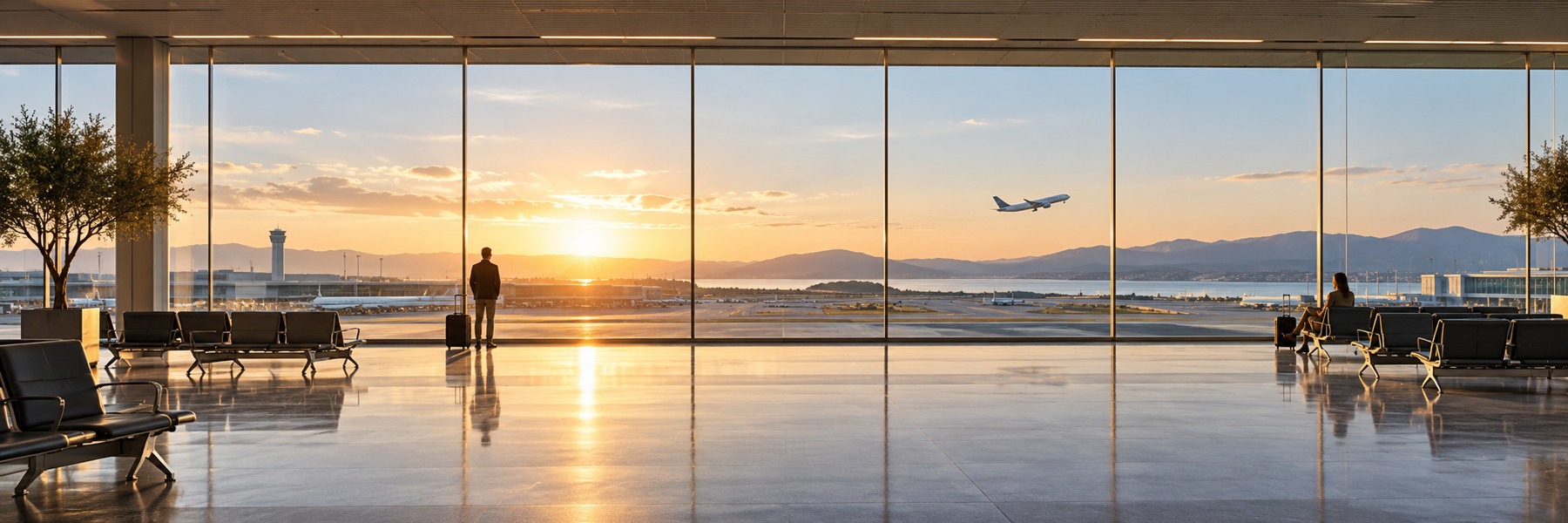 Weiter Blick durch Terminalfenster auf das Vorfeld und ein startendes Flugzeug im warmen Morgenlicht