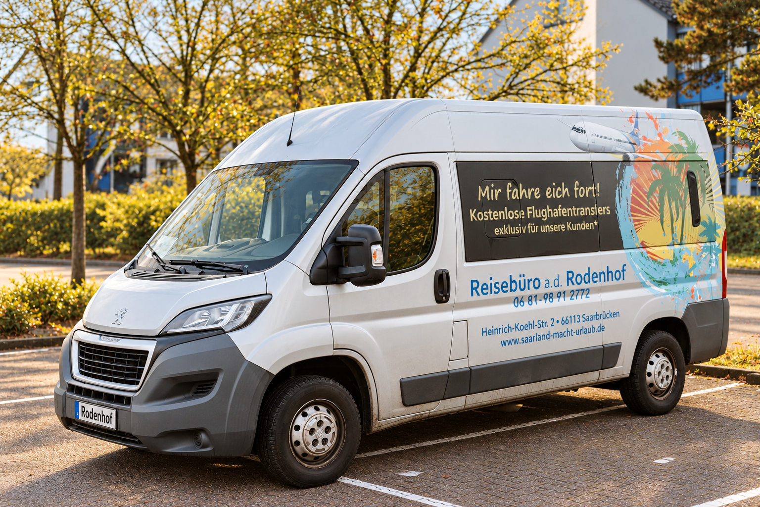 Unser silberner Peugeot-Shuttle mit Reisebüro-Beschriftung, Urlaubsmotiv und Rodenhof-Kennzeichen