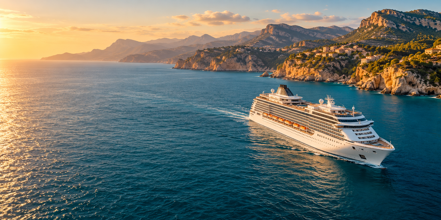 Kreuzfahrtschiff vor einer sonnigen Küste