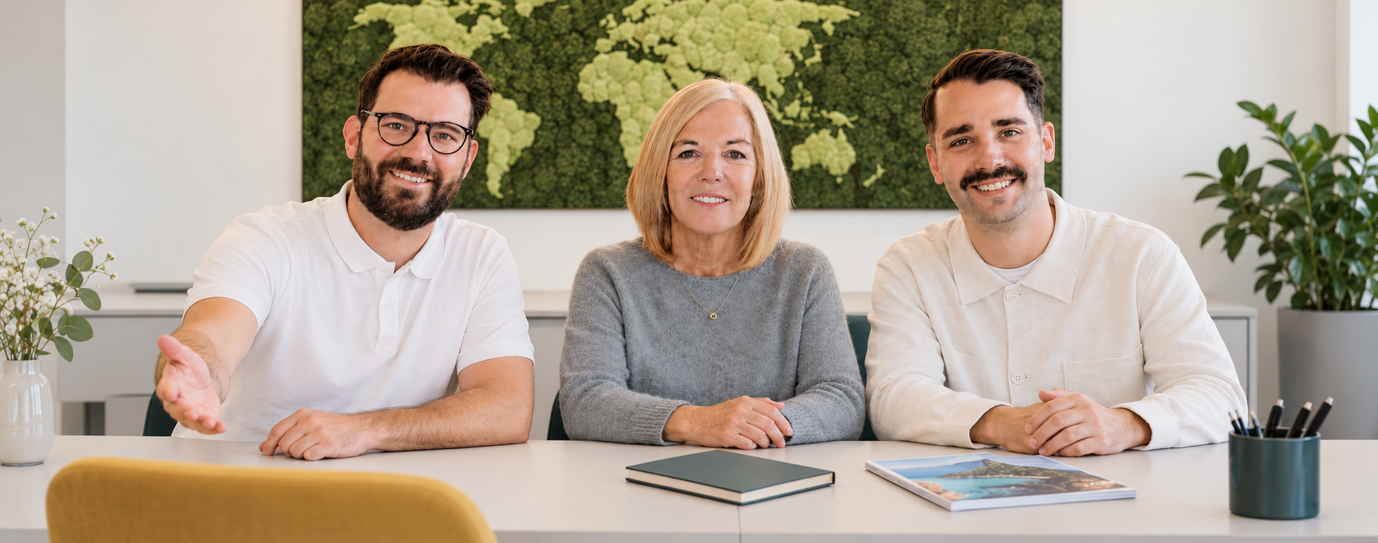 Michael, Ute und Daniel heißen dich im Team willkommen – KI-gestaltetes Teammotiv