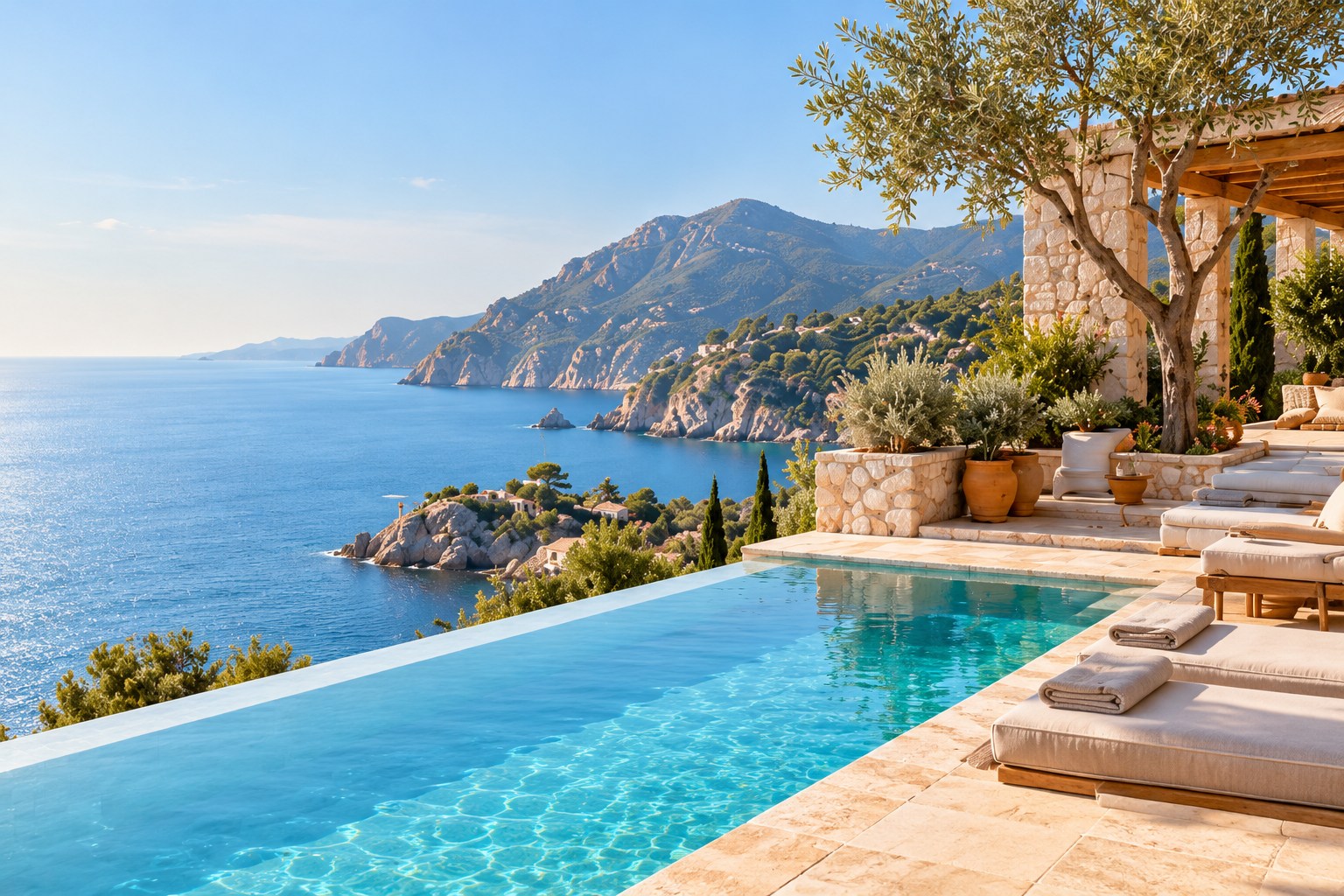 Illustratives Reisemotiv: mediterrane Küste mit Poolterrasse